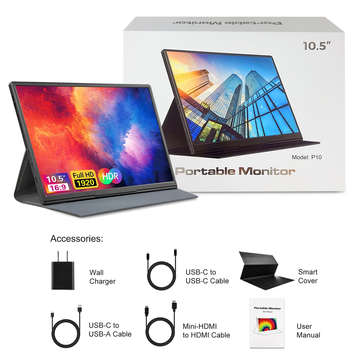 10.5inch Portable Monitor 1920x1280P FHD IPS Screen USB-C Laptop Monitor HDMI Second External Monitor for Laptop,PC,Mac Phone,PS,Xbox,Swich,IPS Ultra-Thin Zero Frame Gaming Monitor/Premium Smart Cover