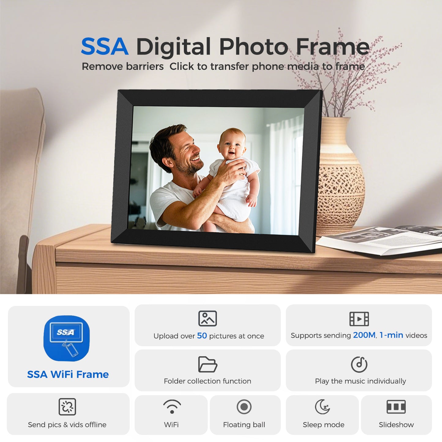 SSAWiFiFRAME Digital Photo Frame 10.1 inch WiFi Digital Picture Frame IPS Touch Screen 32GB Storage