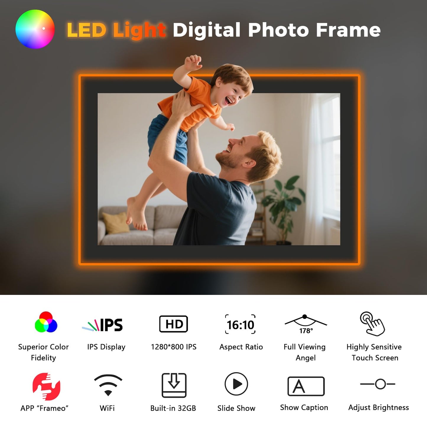 Frameo 10.1 Inch Neon-Light Digital Photo Frame, IPS Display | AI Color-Changing LED Strip Digital Photo Frame | Quick Share Photos/Videos, Easy Setup in Frameo App | Best Digital Frame for Gifting