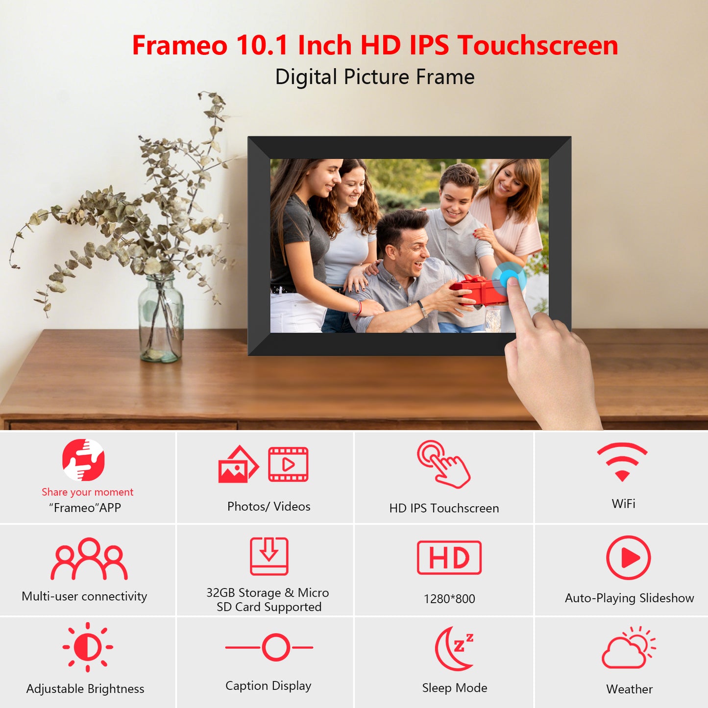FRAMEO Digital Photo Frame, 10.1 Inch Wi-Fi Digital Picture Frame with 1280x800 IPS Touch Screen, Built-in 32GB Storage, Easy to Share Photos or Videos via Frameo App Auto-Rotate (Black)