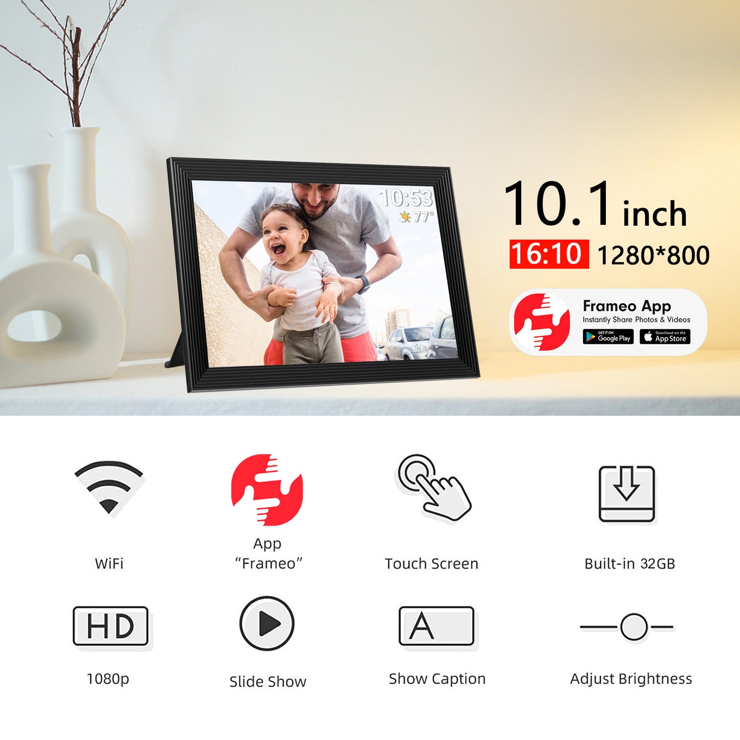FRAMEO Digital Photo Frame, 10.1 Inch WiFi Digital Picture Frame with IPS Touch Screen, 32GB Storage, Easy to Share Photos or Videos via FRAMEO APP Auto-Rotate Black