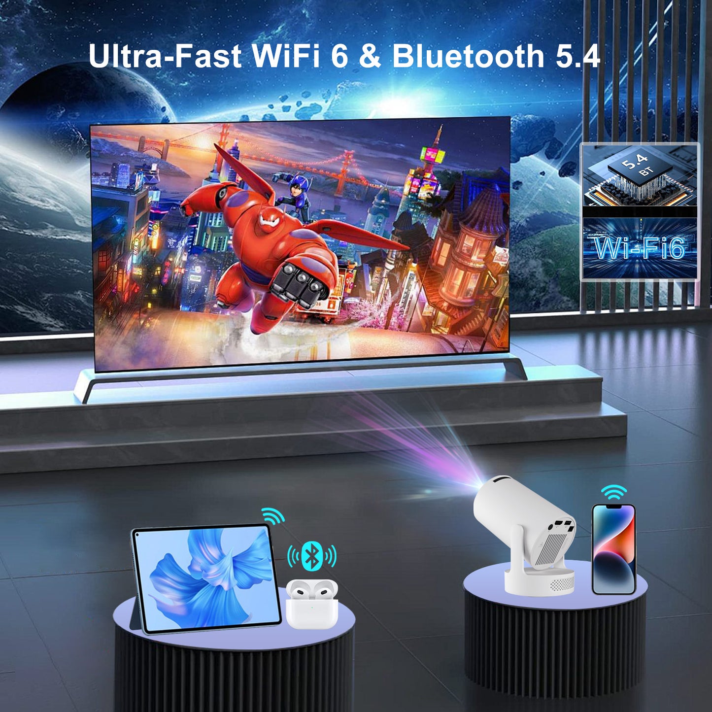 Mini Projector 4K Support with Dual-Band WIFI6 5G Wireless 5.4 Bluetooth Android 11, Soundbase Speaker, Manual Focus, Auto Vertical Keystone 180°Rotatable Portable Proyector for Home Bedroom Outdoor
