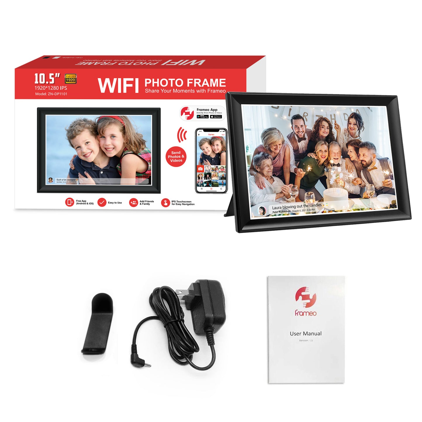 FRAMEO 10.5 Inch Smart WiFi Digital Photo Frame 1920x1280 FHD IPS LCD Touch Screen, Auto-Rotate, 64GB Storage, Support SD Card & USB Drive, Share Moments Instantly via Frameo App from Anywhere