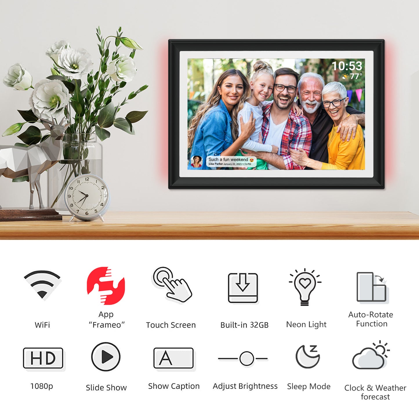 32GB FRAMEO 10.1 Inch WiFi Digital Photo Frame with LED Light, 1280x800 HD IPS LCD Touch Screen, Auto-Rotate Portrait and Landscape, 32GB Storage, Share Moments Instantly via Frameo App from Anywhere