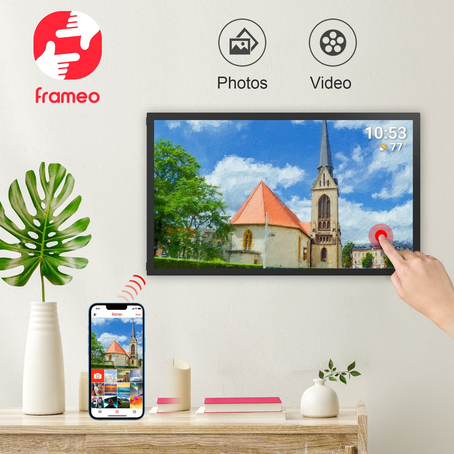 64GB 21.5inch FRAMEO Digital Photo Frame with 1920x1080 FHD IPS LCD Touch Screen, Dual-WiFi Share Photos & Videos Via Frameo App, Support USB Drive/Mirco SD Card Extend Storage, Auto-Rotat
