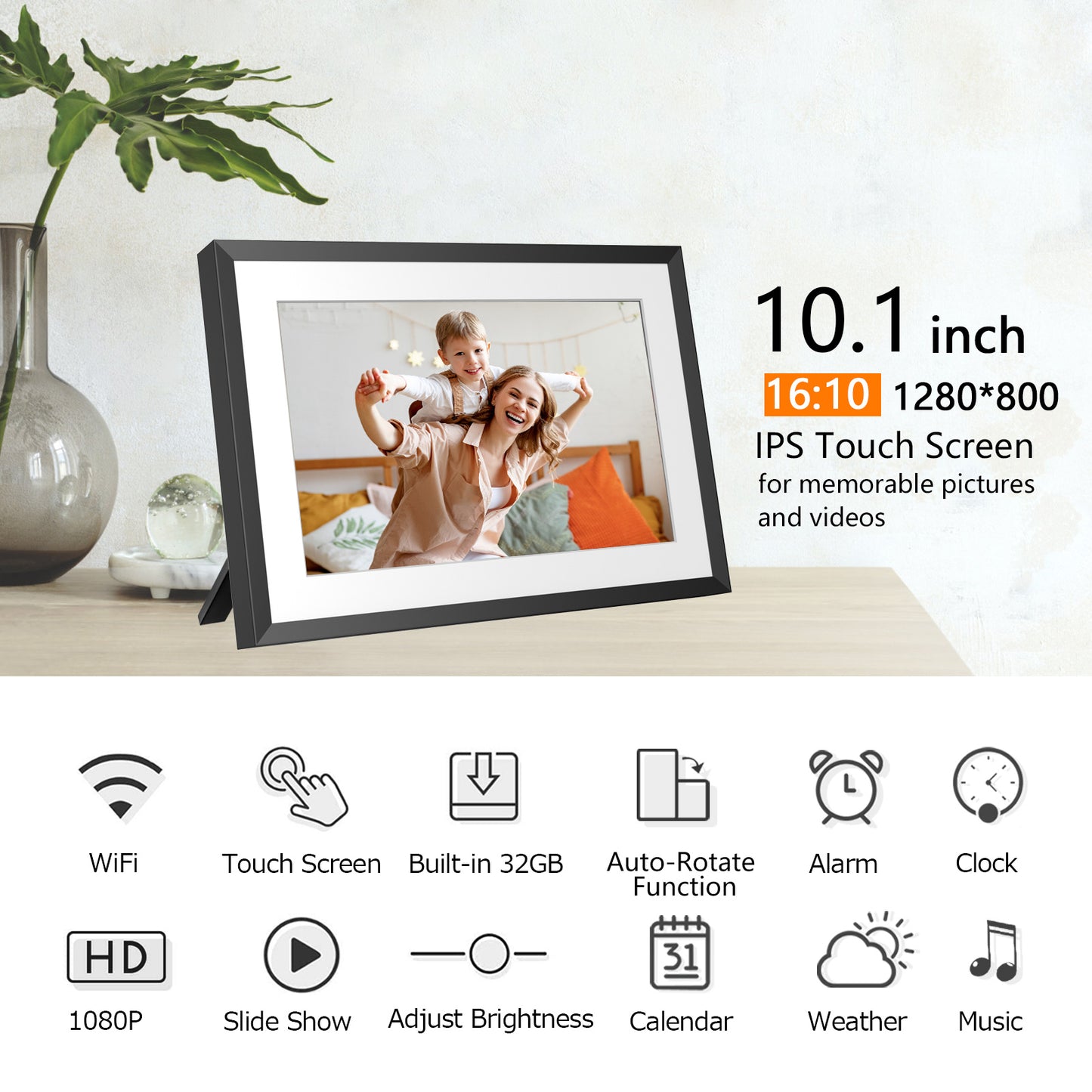 32GB 10.1 Inch WiFi Digital Picture Frame with 1280x800 HD IPS Touch Screen, Send Photo or Videos via App or Email,Support USB Drive/SD Card Extend Storage,Auto-Rotate,Wall Mountable
