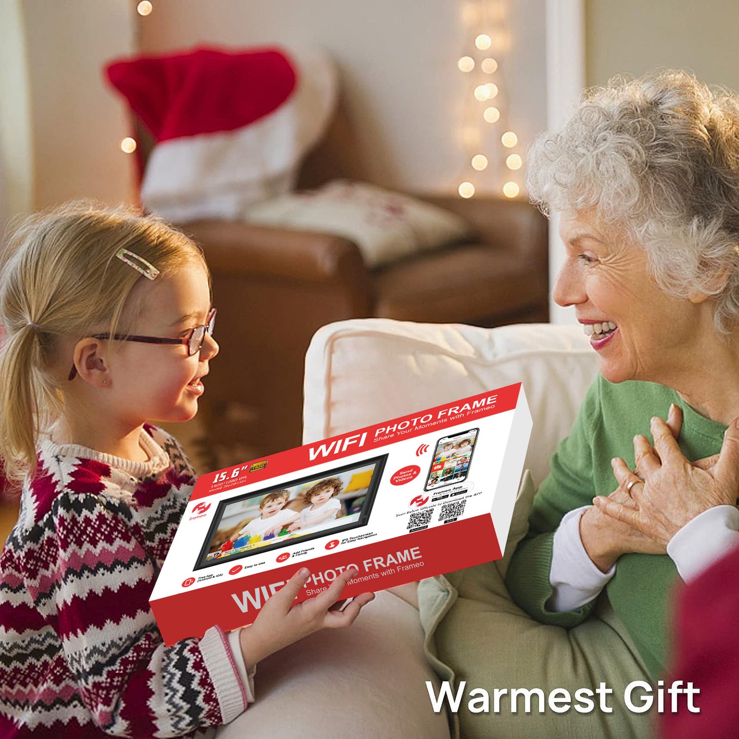 FRAMEO 15.6 Inch Large WiFi Digital Photo Frame with Touch Screen, 1920x1080 FHD, Built-in 32GB Storage, Motion Sensor, Wall Mountable, Auto-Rotate, Easy to Share Photos or Videos via Frameo (Black)