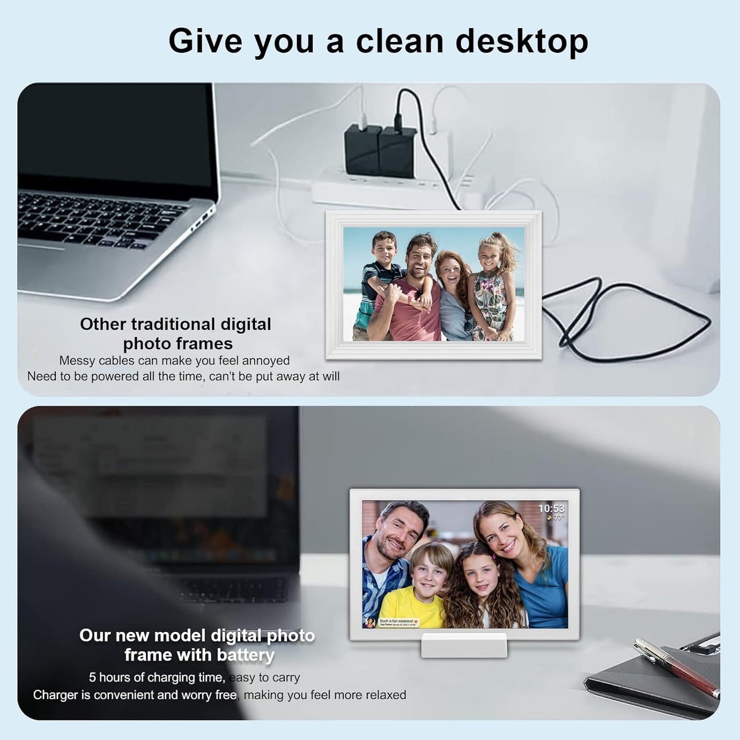 Frameo 10.1 Inch WiFi Digital Photo Frame with Battery, 1280x800 HD IPS Touchscreen, Auto-Rotate Portrait and Landscape, 32GB Storage, Share Moments Instantly via Frameo App from Anywhere