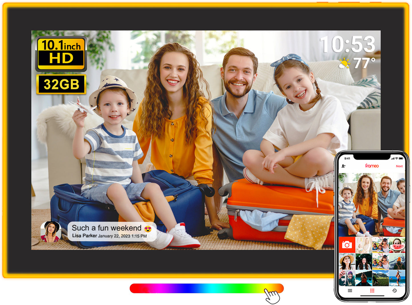 Frameo 10.1 Inch Neon-Light Digital Photo Frame, IPS Display | AI Color-Changing LED Strip Digital Photo Frame | Quick Share Photos/Videos, Easy Setup in Frameo App | Best Digital Frame for Gifting