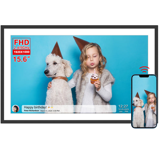 15.6 Inch WiFi Digital Picture Frame with 1920x1080 FHD IPS Touch Screen, Send Photo or Videos via App or Email, 32GB Storage, Support USB Drive/SD Card Extend Storage, Auto-Rotate, Wall Mountable