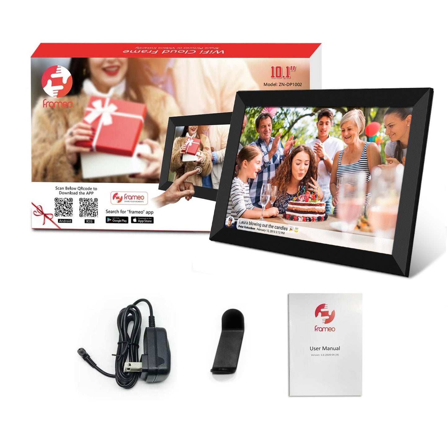 10.1 inch FRAMEO WiFi Digital Picture Frame, IPS Touch Screen Smart Cloud Photo Frame with 32GB Storage, Share Photos or Videos via Free Frameo APP Anywhere Anytime, Auto-Rotate, Wall Mountable