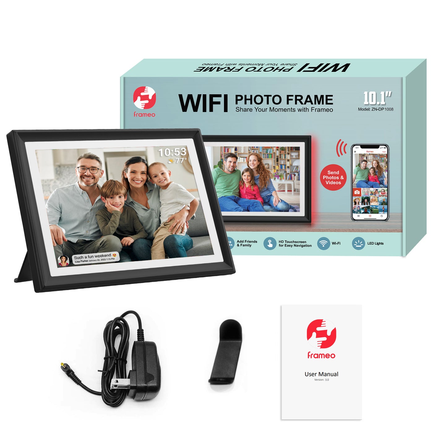 32GB FRAMEO 10.1 Inch WiFi Digital Photo Frame with LED Light, 1280x800 HD IPS LCD Touch Screen, Auto-Rotate Portrait and Landscape, 32GB Storage, Share Moments Instantly via Frameo App from Anywhere