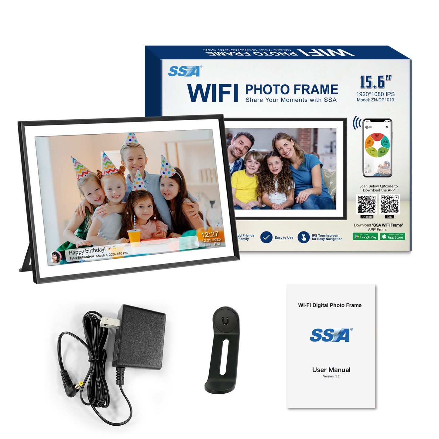 15.6 Inch WiFi Digital Picture Frame with 1920x1080 FHD IPS Touch Screen, Send Photo or Videos via App or Email, 32GB Storage, Support USB Drive/SD Card Extend Storage, Auto-Rotate, Wall Mountable