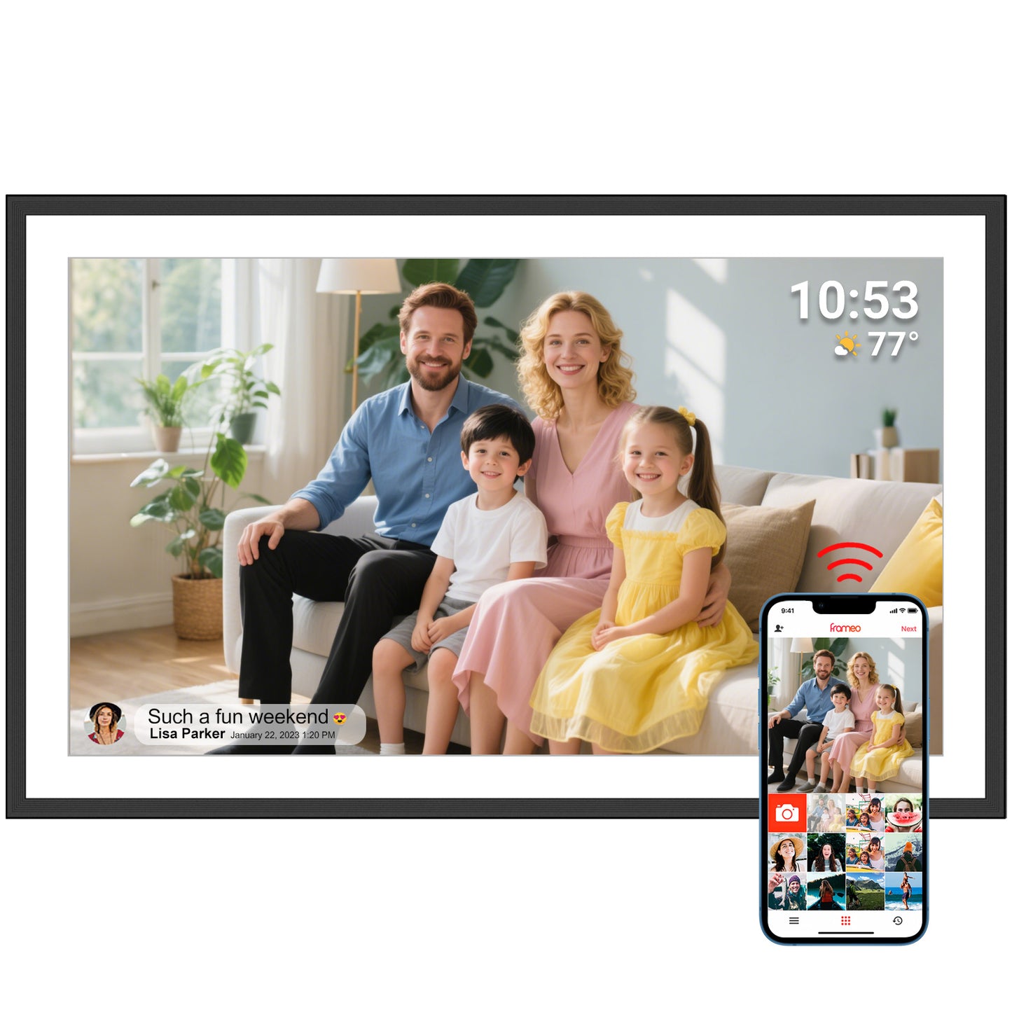 Frameo 15.6 Inch WiFi Digital Picture Frame, 1920x1080 HD IPS Touchscreen Digital Photo Frame Electronic, 32GB Storage, SD Card/USB Drive Auto-Rotate Wall Mountable, Share Photos/Videos via Frameo App