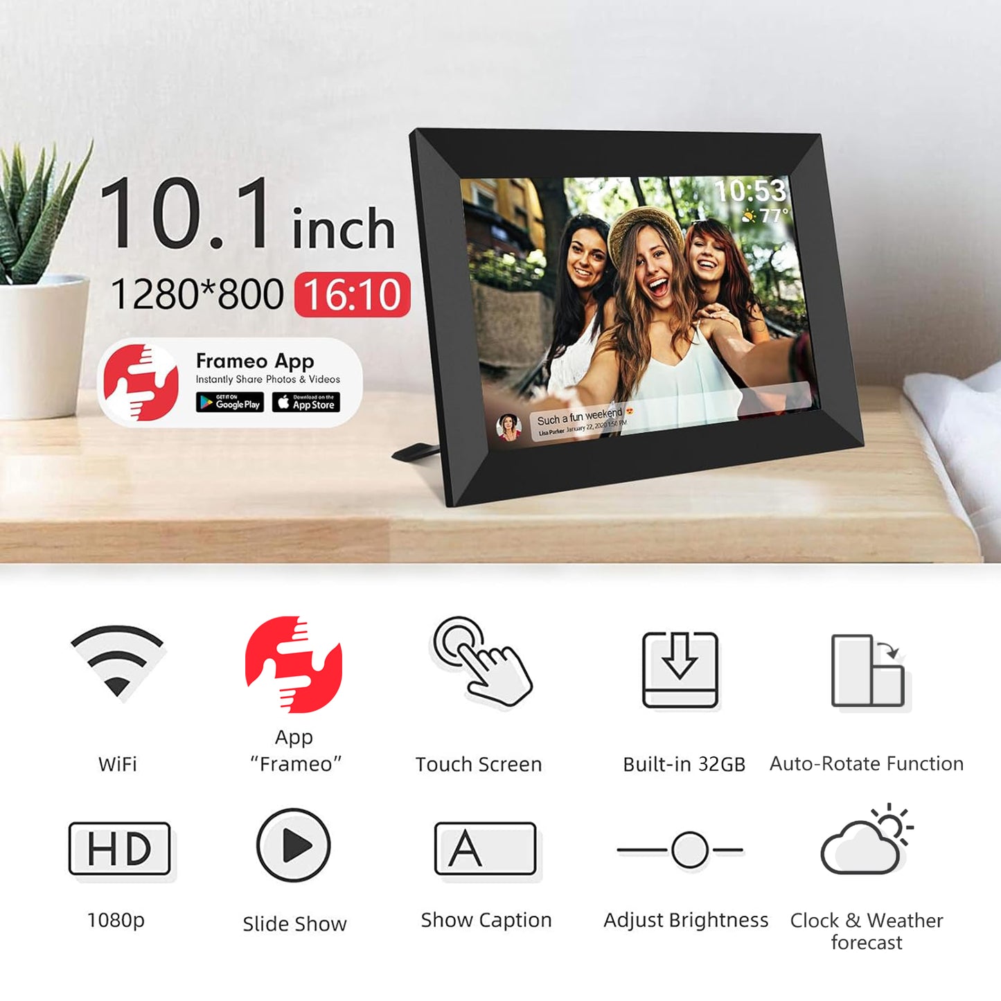 10.1 inch FRAMEO WiFi Digital Picture Frame, IPS Touch Screen Smart Cloud Photo Frame with 32GB Storage, Share Photos or Videos via Free Frameo APP Anywhere Anytime, Auto-Rotate, Wall Mountable