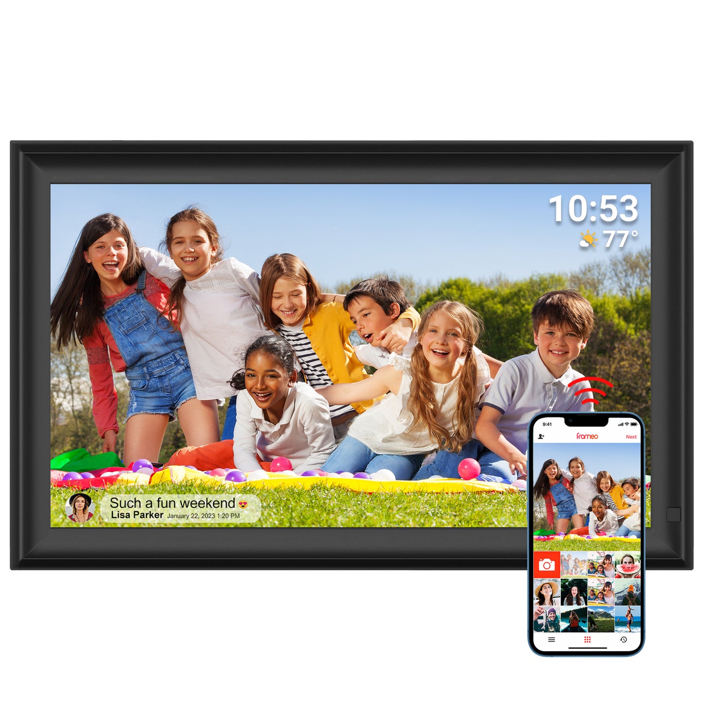 Frameo 15.6 Inch WiFi Digital Picture Frame - HD IPS Touch Screen, 32GB Memory, Auto-Rotate, Wall Mount, Smart Cloud Photo/Video Sharing via Frameo App, Living Room Decor Gift for Mother's Day
