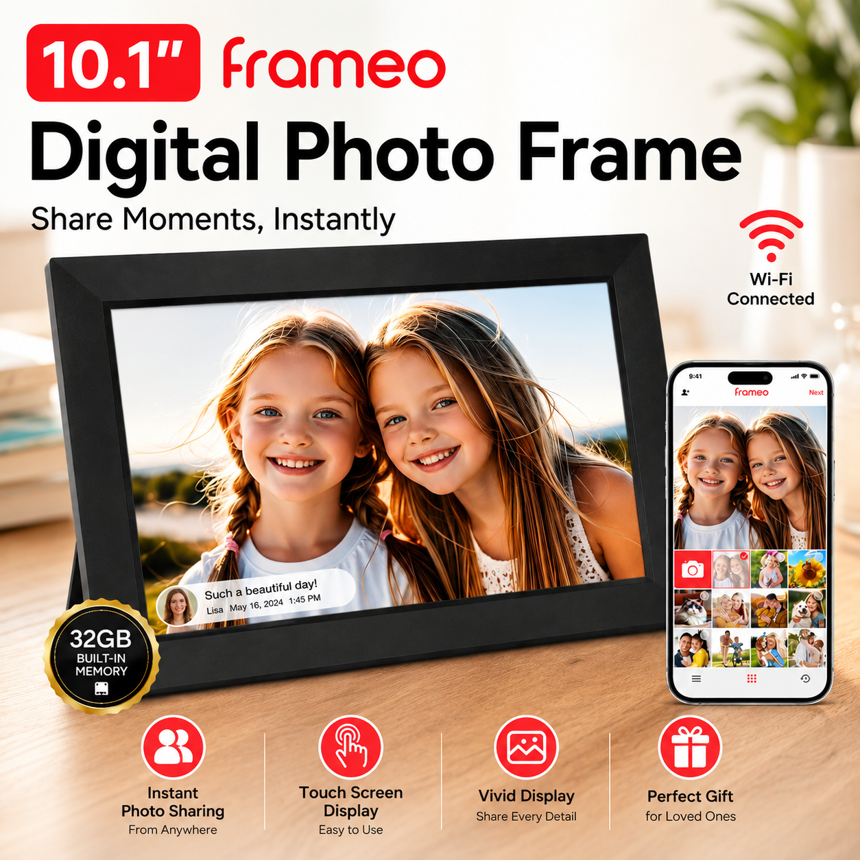 Frameo 10.1 Inch WiFi Digital Picture Frame - Smart Cloud Electronic Photo Frame with HD IPS Touch Screen, 32GB Memory, Auto-Rotate, Wall Mount, Wall Decor, Slideshow, Phone Photo/Video Sharing - Mom Gift