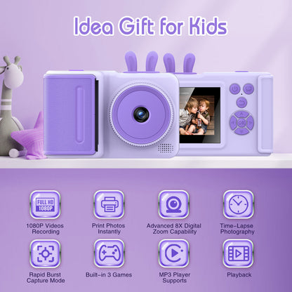 Kids Instant Print Camera,1080P Videos Digital Camera for Kids, Toddler Camera for Christmas Birthday Toy Gifts for Girls/Boys Age 3-12, Portable Kids Camera for 3 4 5 6 7 8 9 10 with SD Card
