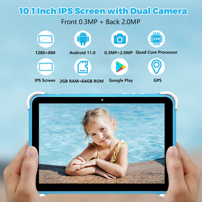 64GB 10.1 Inch Kids Tablet Android Tablet for Kids 2GB+64GB Toddler Tablet APP Preinstalled & Parent Control IWWA Kids Education Tablet with WiFi, Dual Camera, Bluetooth, Kid-Proof Case