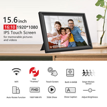 FRAMEO 15.6 Inch Large WiFi Digital Photo Frame with Touch Screen, 1920x1080 FHD, Built-in 32GB Storage, Motion Sensor, Wall Mountable, Auto-Rotate, Easy to Share Photos or Videos via Frameo (Black)
