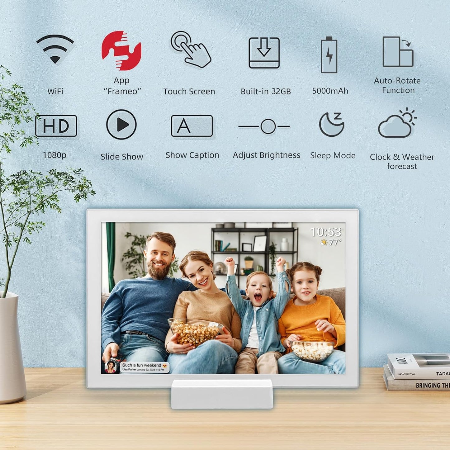 Frameo 10.1 Inch WiFi Digital Photo Frame with Battery, 1280x800 HD IPS Touchscreen, Auto-Rotate Portrait and Landscape, 32GB Storage, Share Moments Instantly via Frameo App from Anywhere