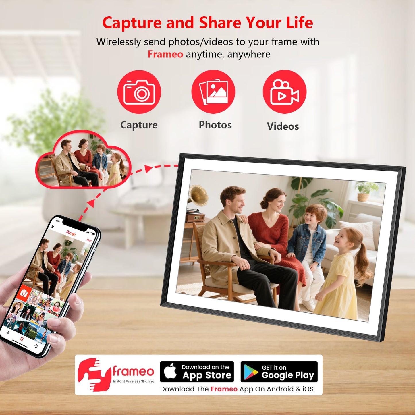 Frameo 15.6 Inch WiFi Digital Picture Frame, 1920x1080 HD IPS Touchscreen Digital Photo Frame Electronic, 32GB Storage, SD Card/USB Drive Auto-Rotate Wall Mountable, Share Photos/Videos via Frameo App