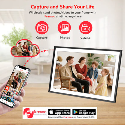 Frameo 15.6 Inch WiFi Digital Picture Frame, 1920x1080 HD IPS Touchscreen Digital Photo Frame Electronic, 32GB Storage, SD Card/USB Drive Auto-Rotate Wall Mountable, Share Photos/Videos via Frameo App