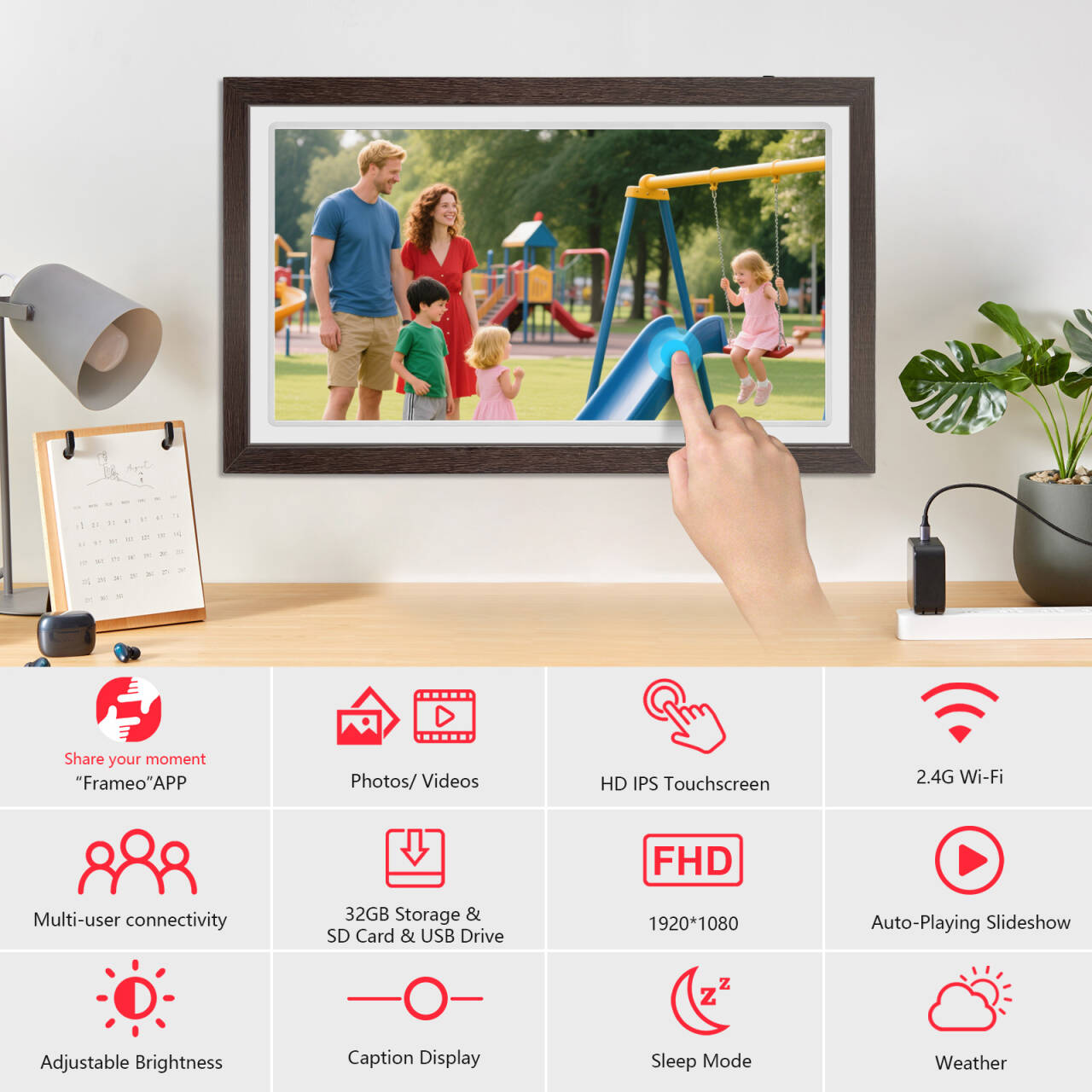 21.5" Large Frameo Digital Photo Frame, 32GB WiFi Digital Picture Frame with 1920x1080 FHD IPS Touch Screen, USB Drive/SD Card, Wall Mountable Auto-Rotate, Easy Share Photos/Videos from Anywhere