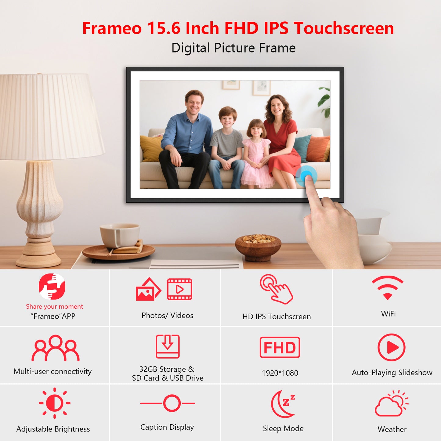 Frameo 15.6 Inch WiFi Digital Picture Frame, 1920x1080 HD IPS Touchscreen Digital Photo Frame Electronic, 32GB Storage, SD Card/USB Drive Auto-Rotate Wall Mountable, Share Photos/Videos via Frameo App