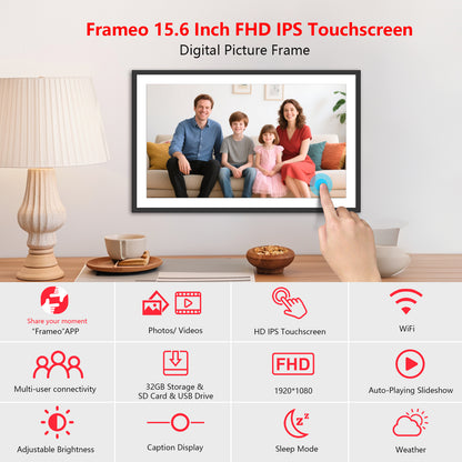 Frameo 15.6 Inch WiFi Digital Picture Frame, 1920x1080 HD IPS Touchscreen Digital Photo Frame Electronic, 32GB Storage, SD Card/USB Drive Auto-Rotate Wall Mountable, Share Photos/Videos via Frameo App