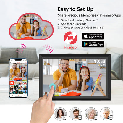 FRAMEO 15.6 Inch Large WiFi Digital Photo Frame with Touch Screen, 1920x1080 FHD, Built-in 32GB Storage, Motion Sensor, Wall Mountable, Auto-Rotate, Easy to Share Photos or Videos via Frameo (Black)