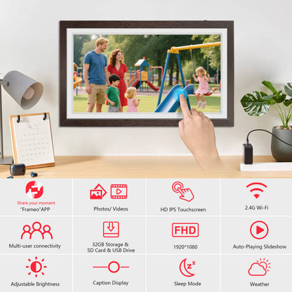 21.5" Large Frameo Digital Photo Frame, 32GB WiFi Digital Picture Frame with 1920x1080 FHD IPS Touch Screen, USB Drive/SD Card, Wall Mountable Auto-Rotate, Easy Share Photos/Videos from Anywhere