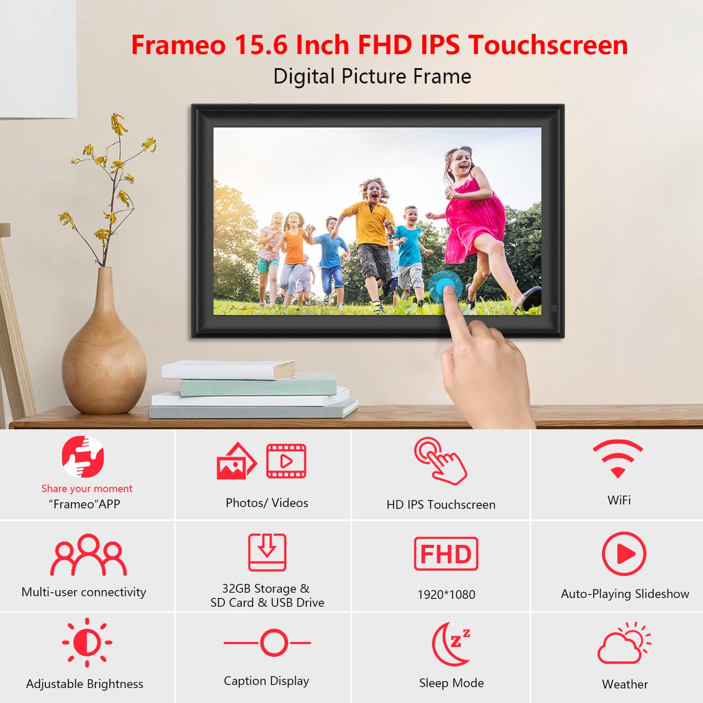 15.6" Frameo Digital Picture Frame WiFi, 1920x1080 IPS FHD Touch Screen Large Electronic Photo Frames, Send Photos from Your Phone from Anywhere, Best Gifts for Parents and Grandparents