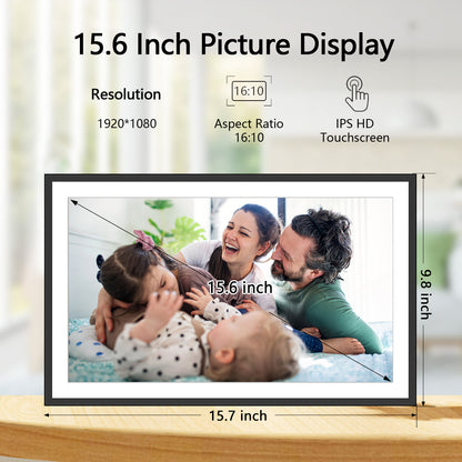 15.6 Inch WiFi Digital Picture Frame with 1920x1080 FHD IPS Touch Screen, Send Photo or Videos via App or Email, 32GB Storage, Support USB Drive/SD Card Extend Storage, Auto-Rotate, Wall Mountable