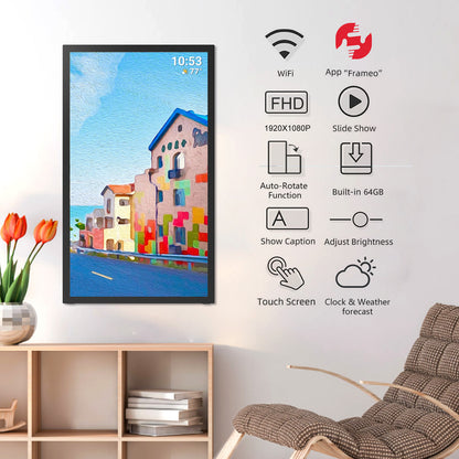64GB 21.5inch FRAMEO Digital Photo Frame with 1920x1080 FHD IPS LCD Touch Screen, Dual-WiFi Share Photos & Videos Via Frameo App, Support USB Drive/Mirco SD Card Extend Storage, Auto-Rotat