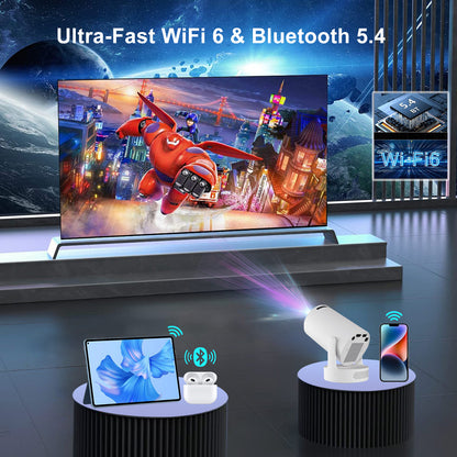 Mini Projector 4K Support with Dual-Band WIFI6 5G Wireless 5.4 Bluetooth Android 11, Soundbase Speaker, Manual Focus, Auto Vertical Keystone 180°Rotatable Portable Proyector for Home Bedroom Outdoor