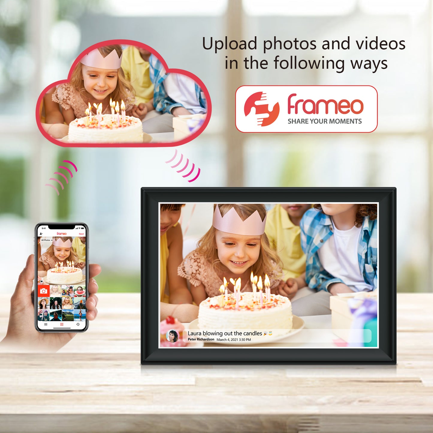 FRAMEO 10.5 Inch Smart WiFi Digital Photo Frame 1920x1280 FHD IPS LCD Touch Screen, Auto-Rotate, 64GB Storage, Support SD Card & USB Drive, Share Moments Instantly via Frameo App from Anywhere