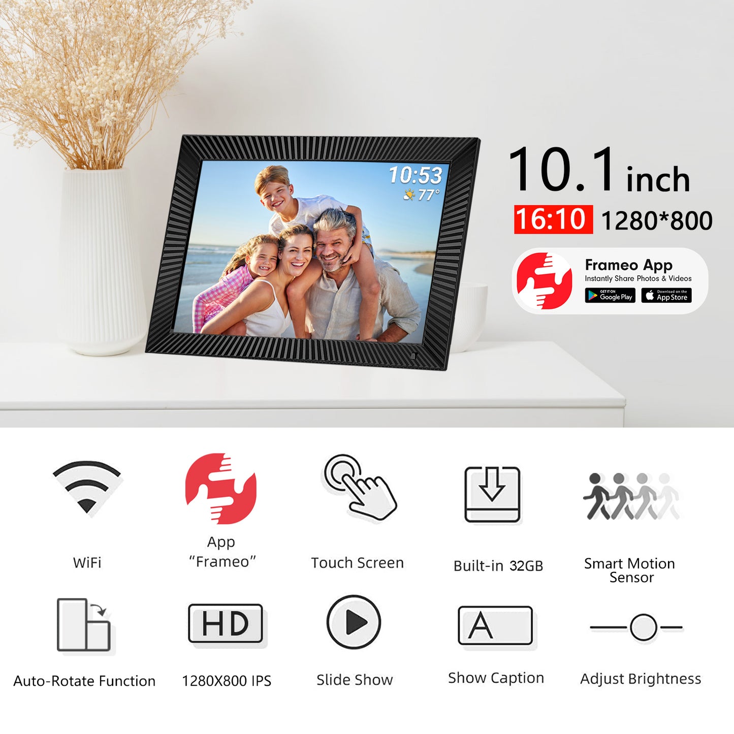 FRAMEO 10.1 Inch Smart WiFi Digital Photo Frame 1280x800 IPS LCD Touch Screen, Auto-Rotate, Motion Sensor, Built in 32GB Memory, Share Moments Instantly via Frameo App from Anywhere