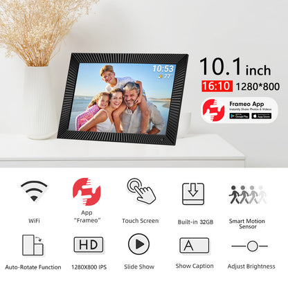 FRAMEO 10.1 Inch Smart WiFi Digital Photo Frame 1280x800 IPS LCD Touch Screen, Auto-Rotate, Motion Sensor, Built in 32GB Memory, Share Moments Instantly via Frameo App from Anywhere