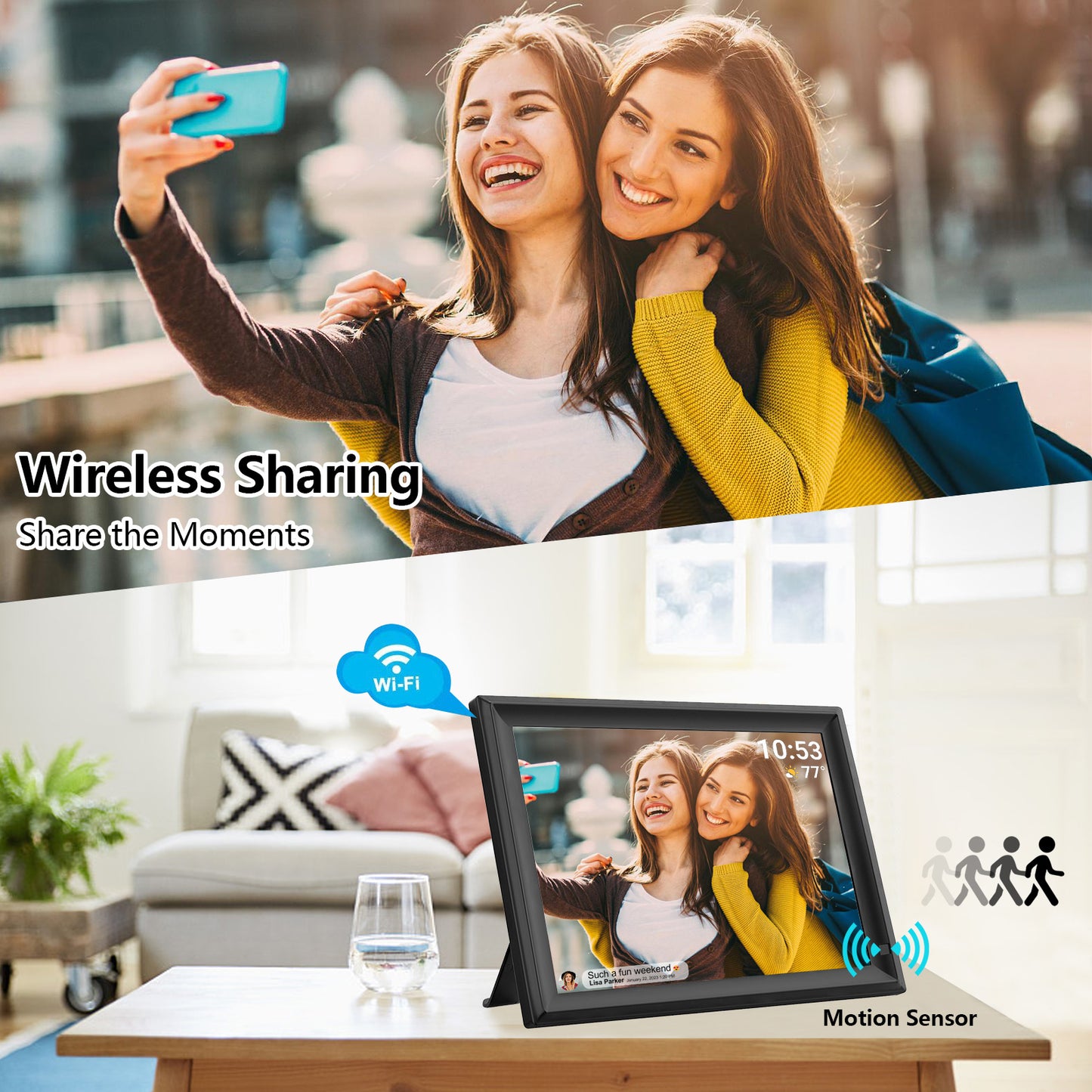 FRAMEO 15.6 Inch Large WiFi Digital Photo Frame with Touch Screen, 1920x1080 FHD, Built-in 32GB Storage, Motion Sensor, Wall Mountable, Auto-Rotate, Easy to Share Photos or Videos via Frameo (Black)