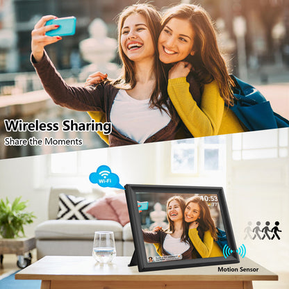 FRAMEO 15.6 Inch Large WiFi Digital Photo Frame with Touch Screen, 1920x1080 FHD, Built-in 32GB Storage, Motion Sensor, Wall Mountable, Auto-Rotate, Easy to Share Photos or Videos via Frameo (Black)