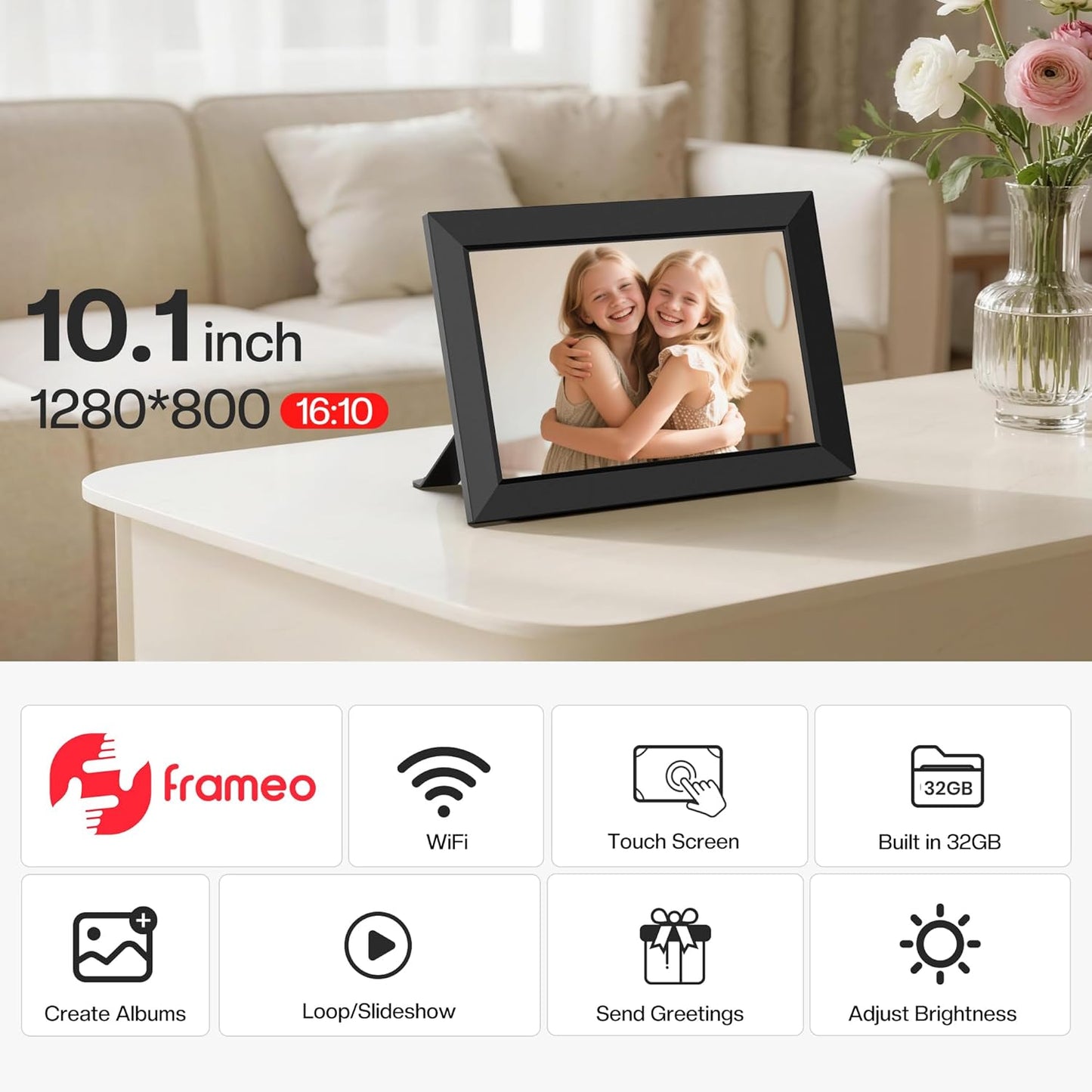 Frameo 10.1 Inch WiFi Digital Picture Frame - Smart Cloud Electronic Photo Frame with HD IPS Touch Screen, 32GB Memory, Auto-Rotate, Wall Mount, Wall Decor, Slideshow, Phone Photo/Video Sharing - Mom Gift