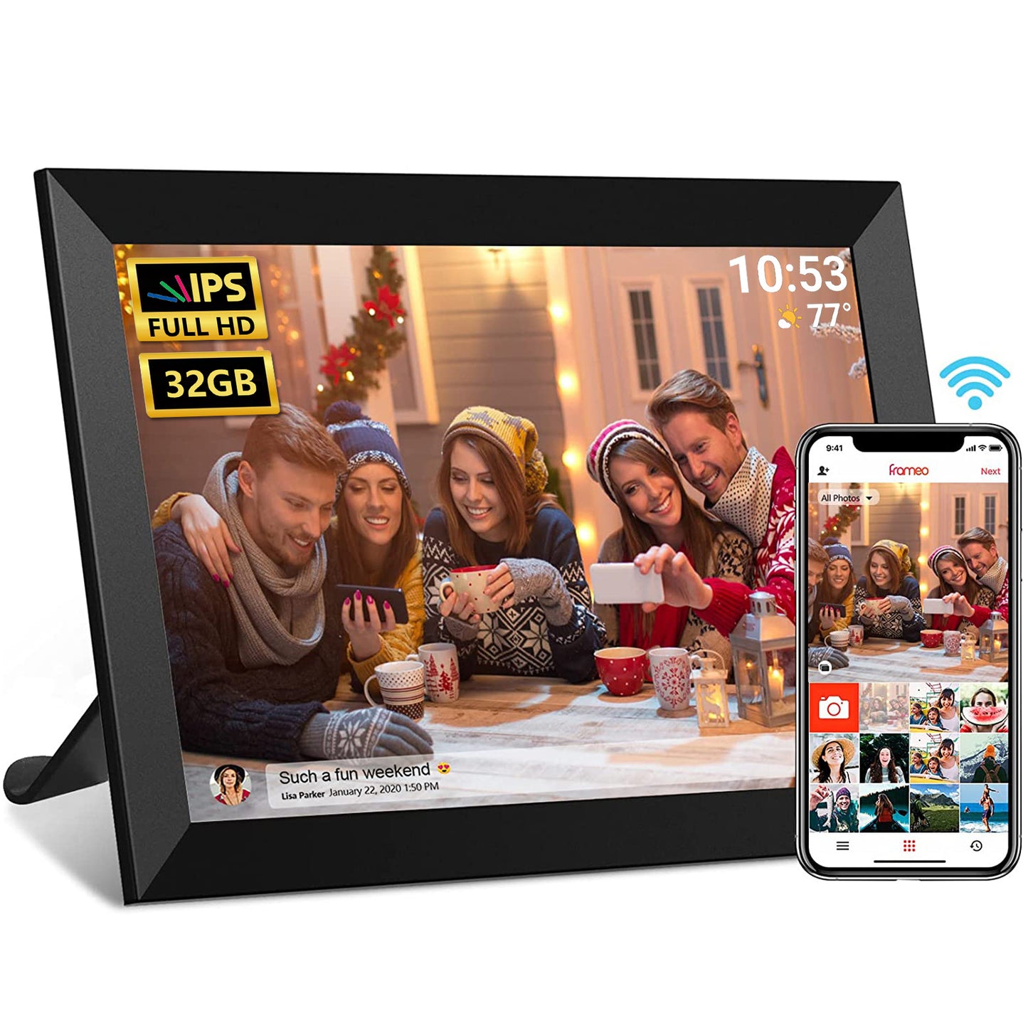 moonka Digital Photo Frame, FRAMEO 10.1 Inch WiFi Digital Picture Frame with 1280x800 IPS HD Touch Screen, 32GB Storage Auto-Rotate Wall Mountable Easy Share Photos or Videos via Frameo App from Anywhere