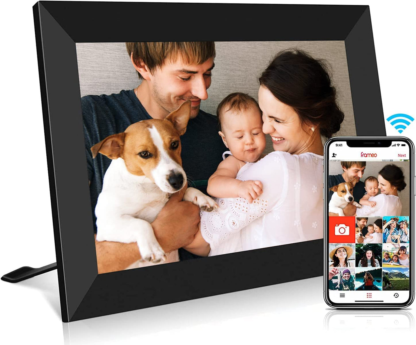 FRAMEO Smart Digital Picture Frame WiFi Cloud 10.1 Inch HD 1280x800 IPS Touch Screen Digital Frame with 32GB Storage Easy Setup to Share Photos or Video via Frameo APP Auto-Rotate Wall Mountable Black