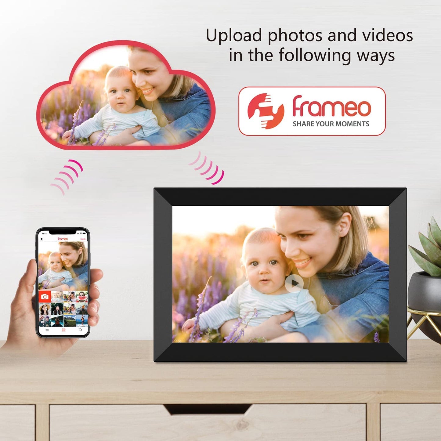 FRAMEO Smart Digital Picture Frame WiFi Cloud 10.1 Inch HD 1280x800 IPS Touch Screen Digital Frame with 32GB Storage Easy Setup to Share Photos or Video via Frameo APP Auto-Rotate Wall Mountable Black