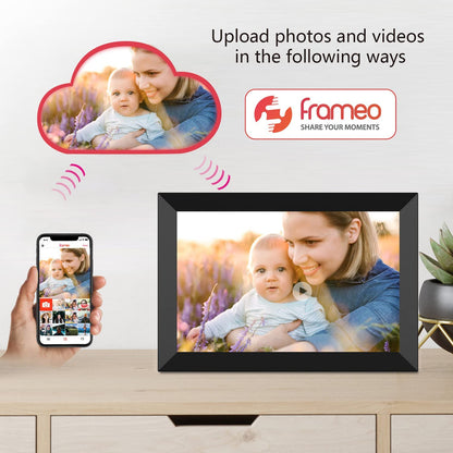 FRAMEO Smart Digital Picture Frame WiFi Cloud 10.1 Inch HD 1280x800 IPS Touch Screen Digital Frame with 32GB Storage Easy Setup to Share Photos or Video via Frameo APP Auto-Rotate Wall Mountable Black