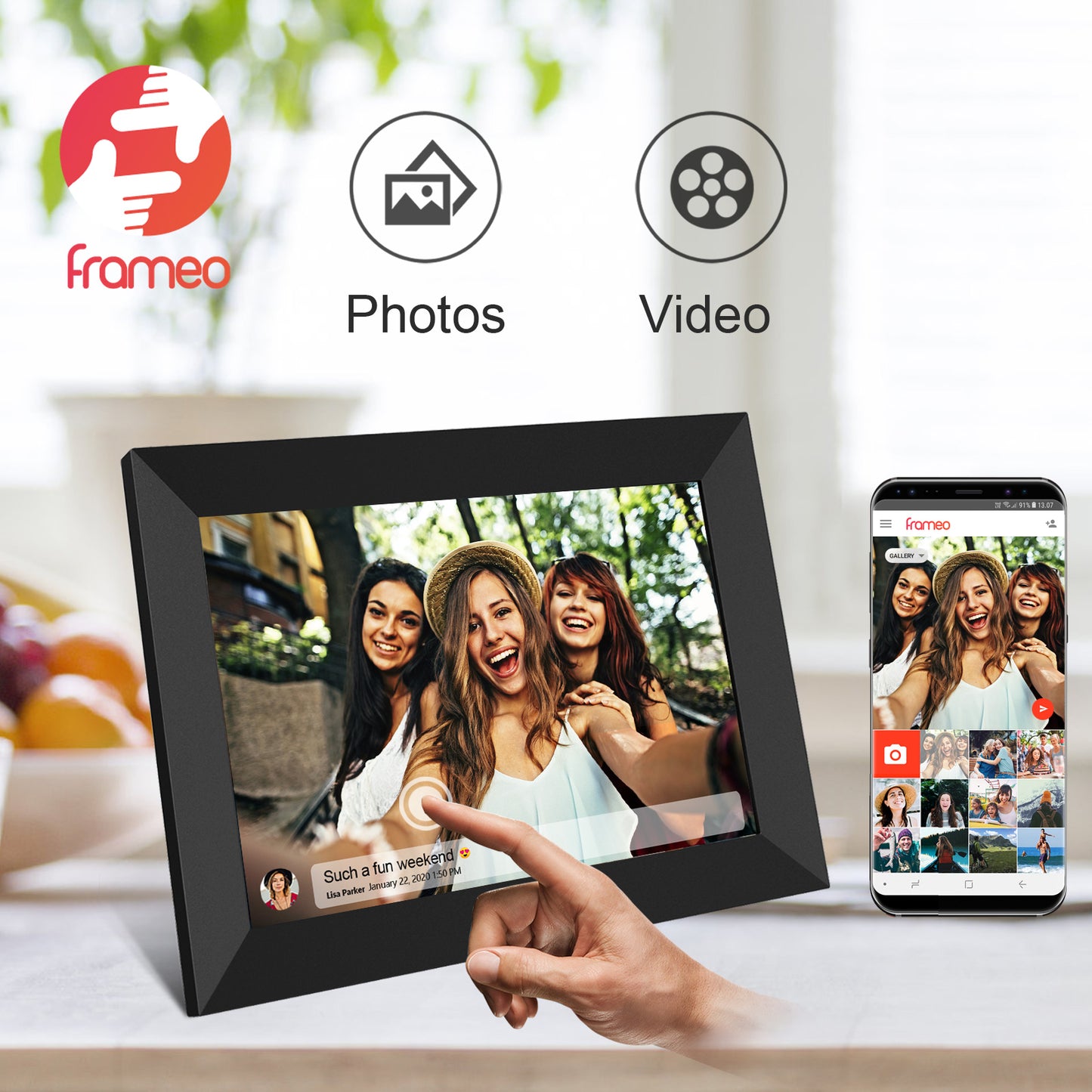 10.1 inch FRAMEO WiFi Digital Picture Frame, IPS Touch Screen Smart Cloud Photo Frame with 32GB Storage, Share Photos or Videos via Free Frameo APP Anywhere Anytime, Auto-Rotate, Wall Mountable