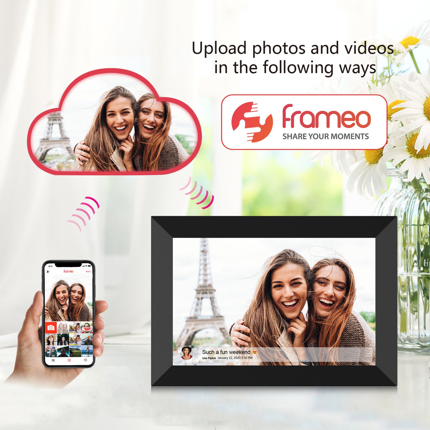 10.1 inch FRAMEO WiFi Digital Picture Frame, IPS Touch Screen Smart Cloud Photo Frame with 32GB Storage, Share Photos or Videos via Free Frameo APP Anywhere Anytime, Auto-Rotate, Wall Mountable