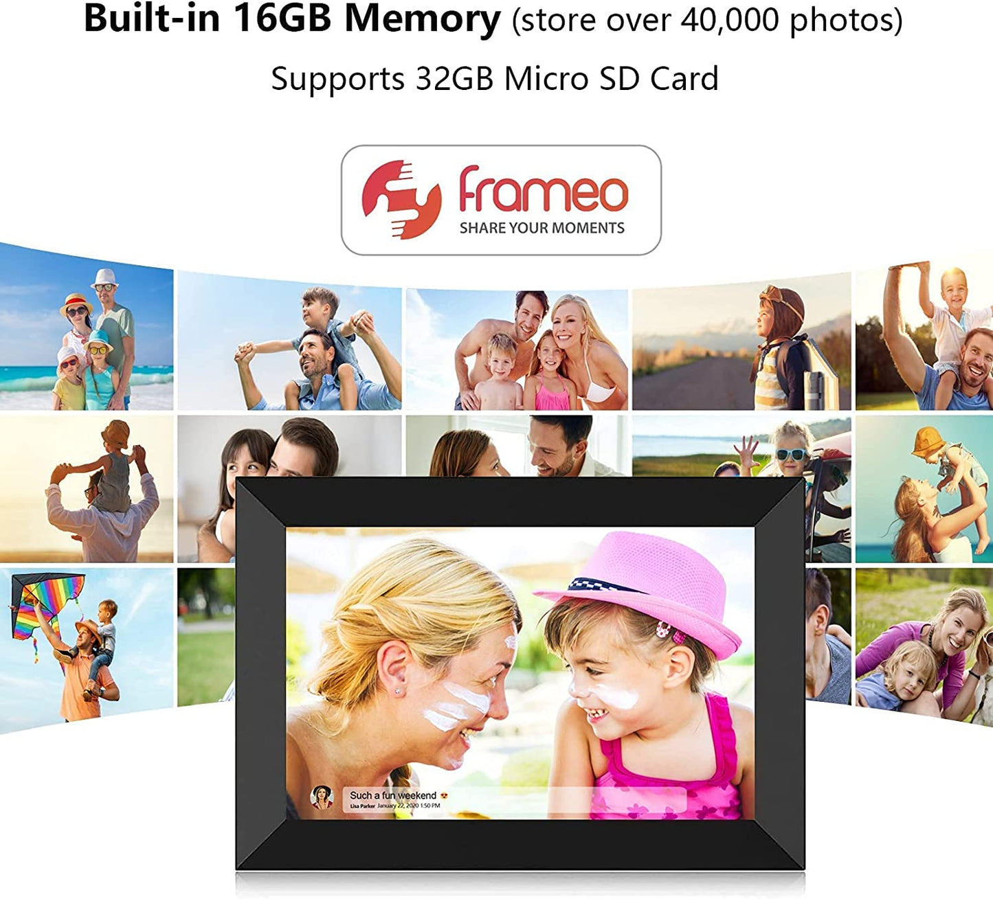 FRAMEO Digital Photo Frame WiFi 10.1 Inch HD IPS LCD Touch Screen, 32GB Memory, Auto-Rotate, Wall-Mountable, Easy Setup to Share Photos & Videos via Frameo App from Anywhere