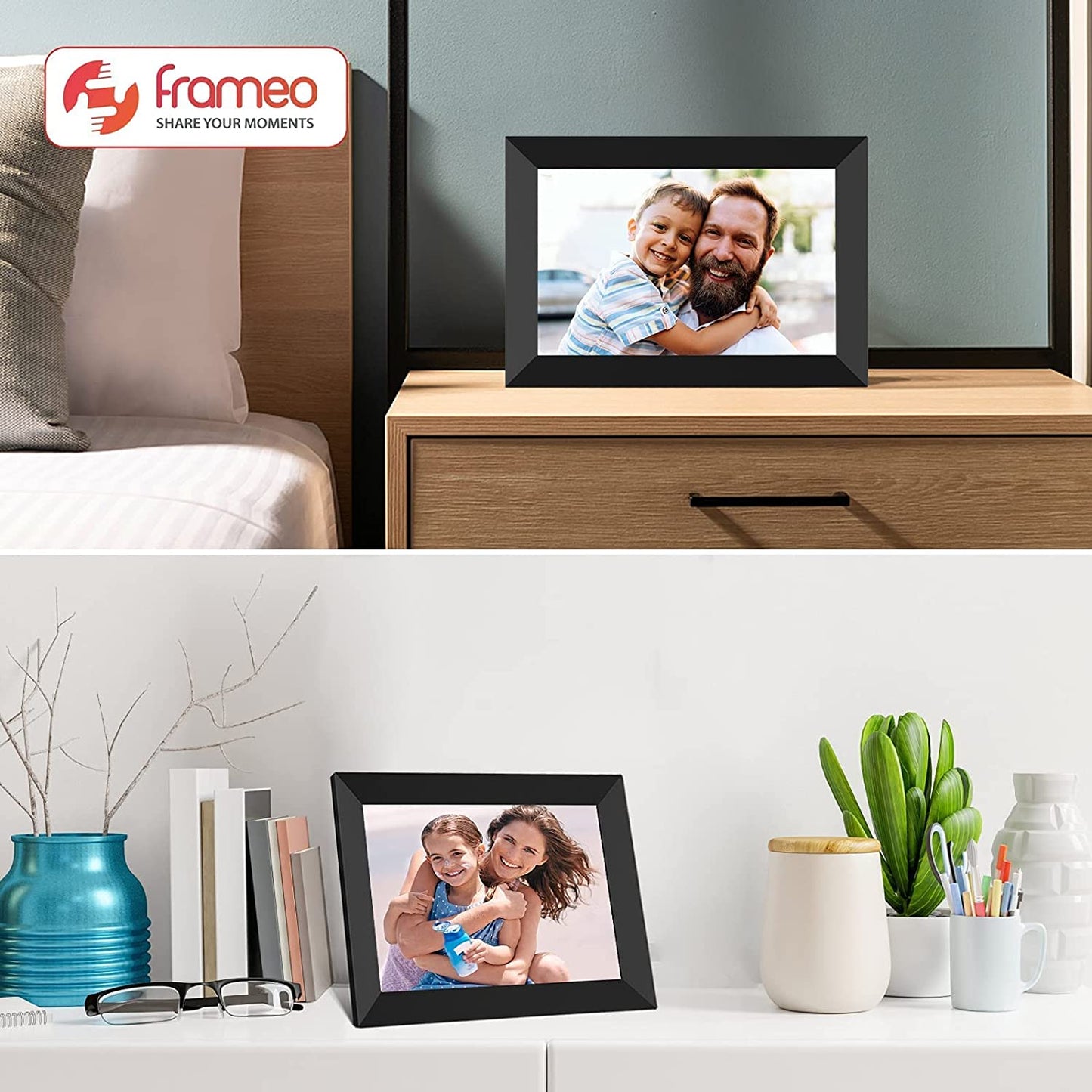 FRAMEO Smart Digital Picture Frame WiFi Cloud 10.1 Inch HD 1280x800 IPS Touch Screen Digital Frame with 32GB Storage Easy Setup to Share Photos or Video via Frameo APP Auto-Rotate Wall Mountable Black
